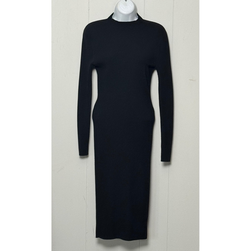H&M Women's Black Ribbed Knit Mock Neck Long Sleeve Bodycon Midi Dress Sz Small